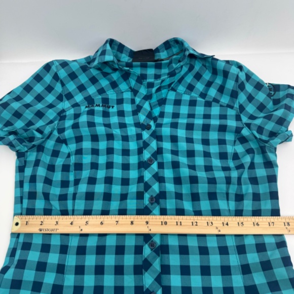 Mammut Top Women Medium Blue Plaid Check Button Up Short Sleeves Lightweight - Picture 9 of 10